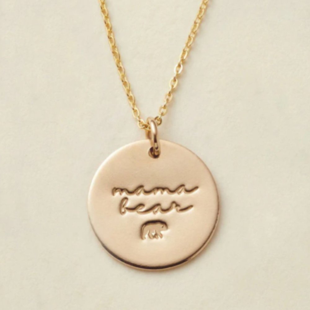 Gold Mama bear round pendant necklace